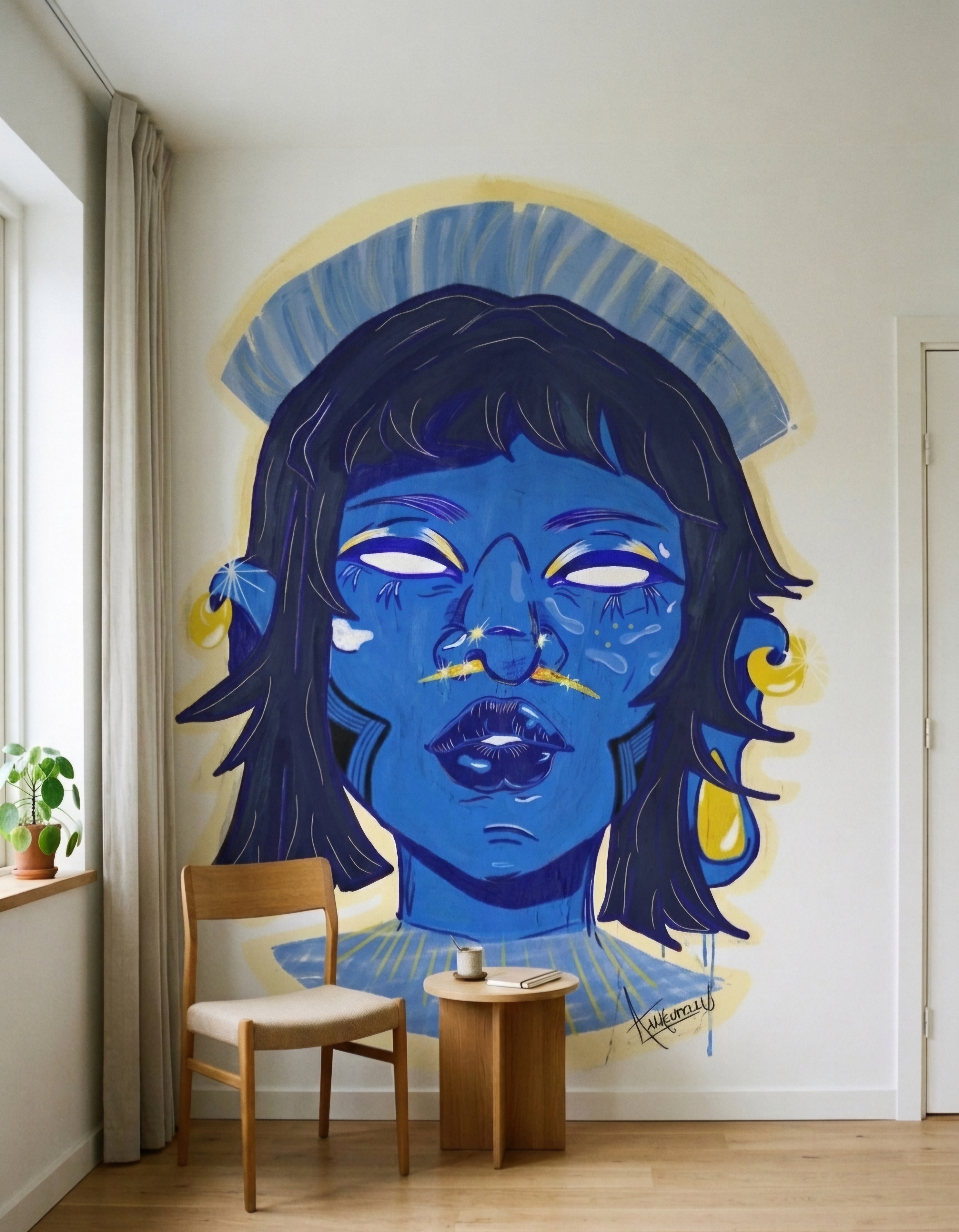 Simulação da arte em parede de ambiente.