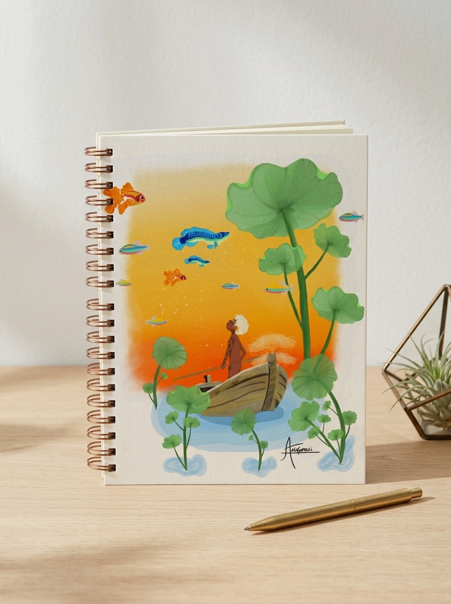 Simulação da arte na capa de caderno.