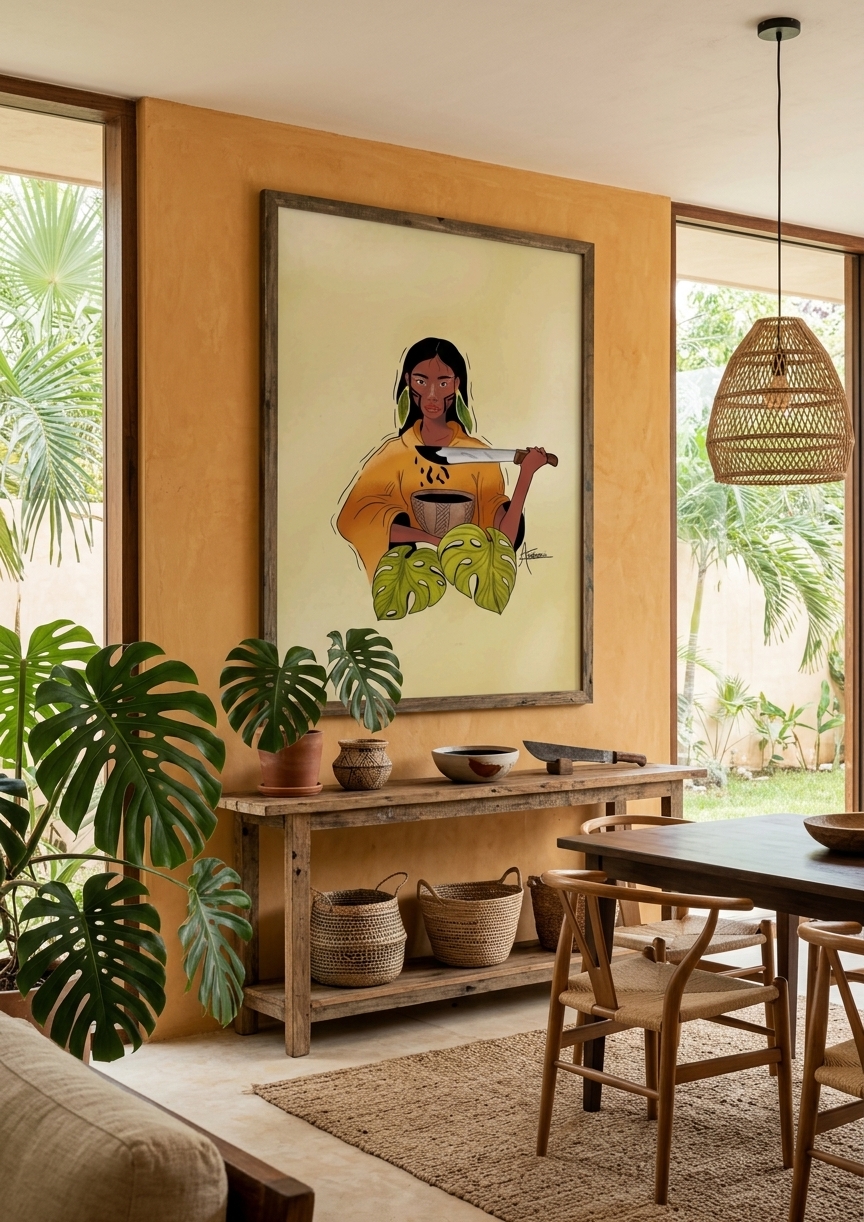 Simulação da arte em parede de ambiente.