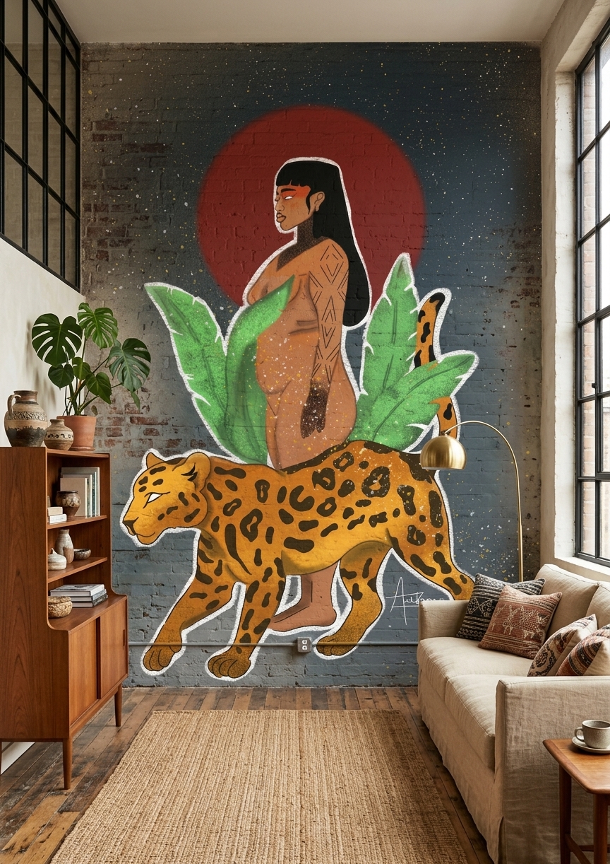 Simulação da arte em parede de ambiente.
